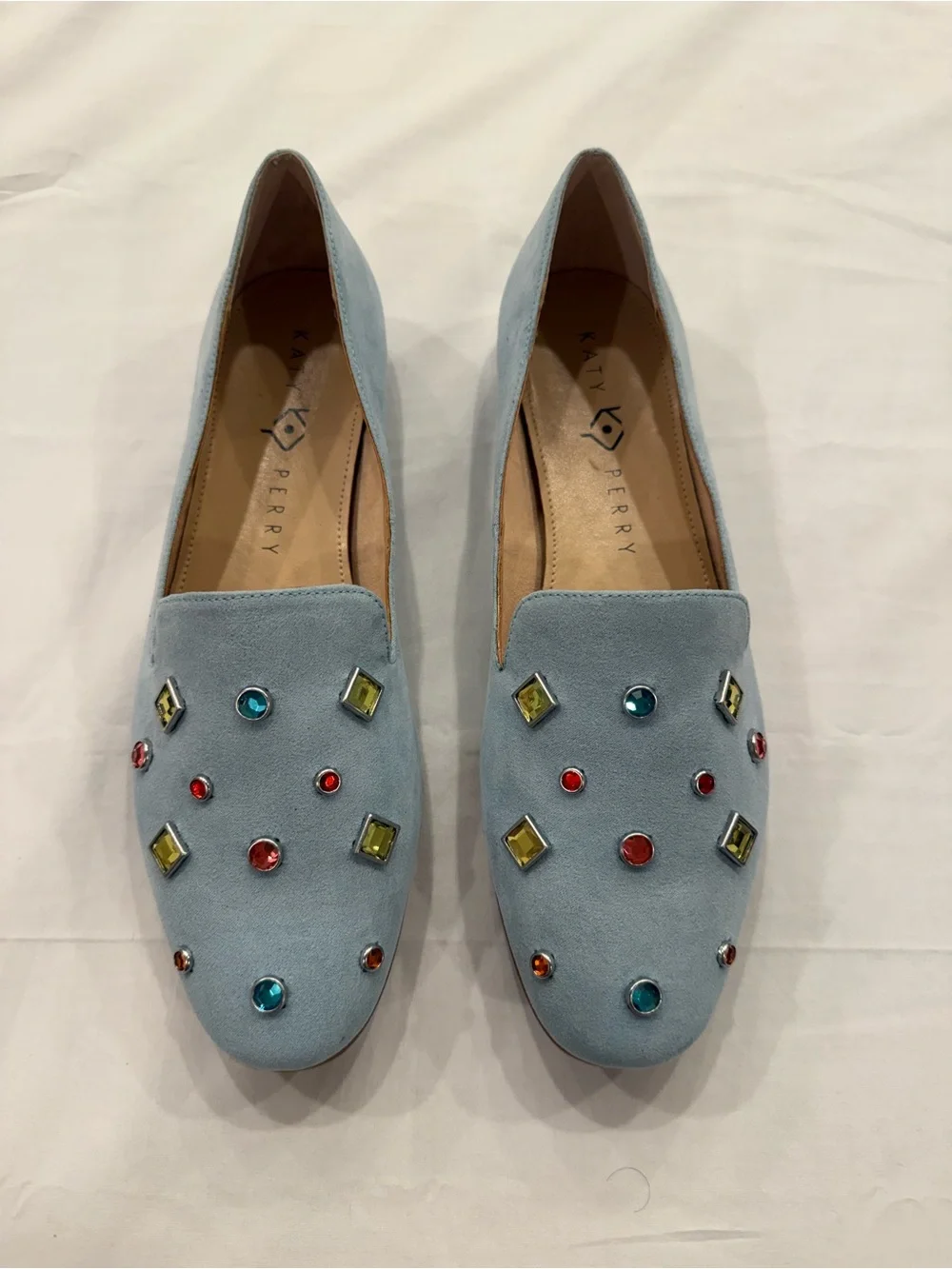 Katy Perry Collections Pale Blue Suede Gem-Embellished Loafers - Picture 1 of 6